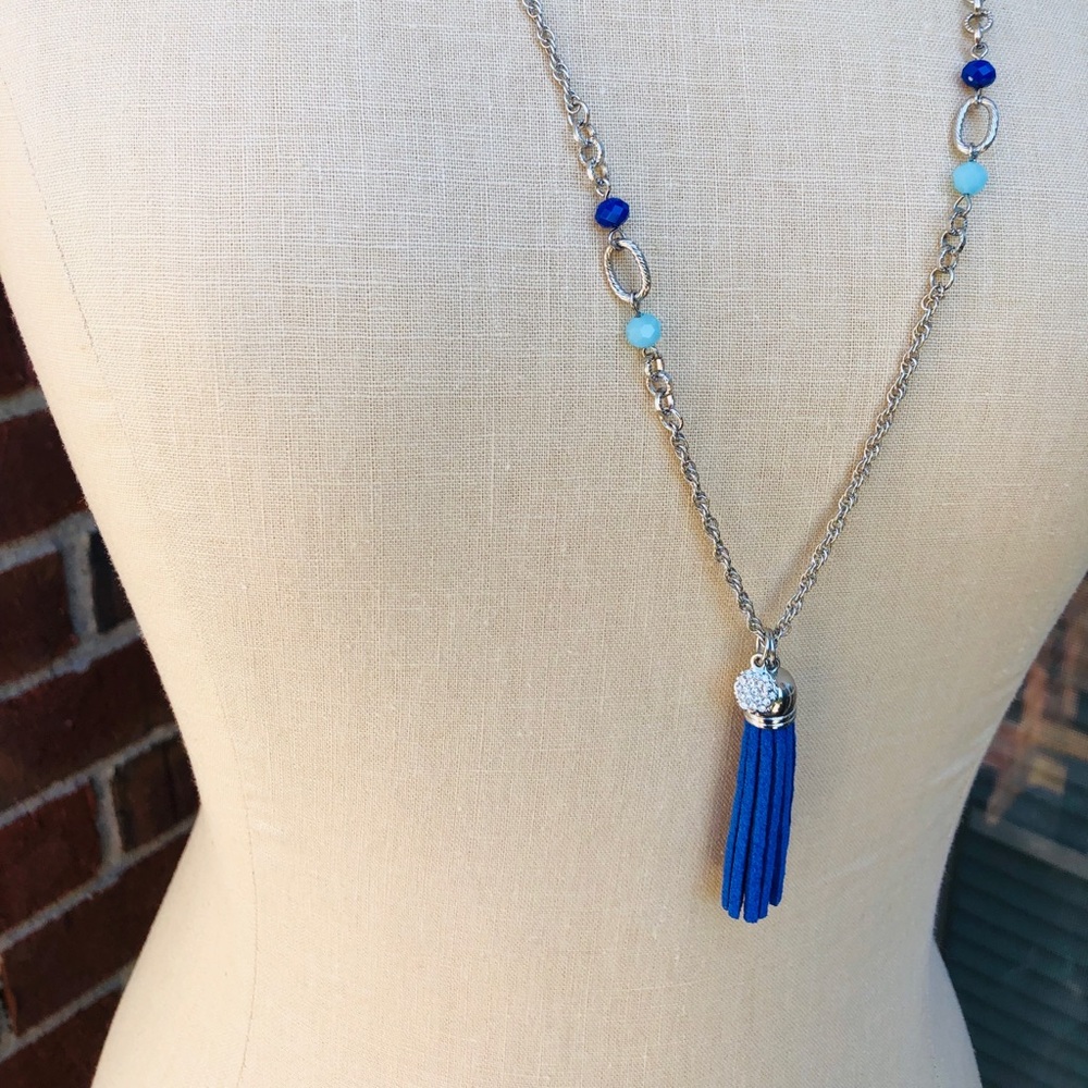 Silver Toned Necklace Tassel Beads Faux Lapis Turq